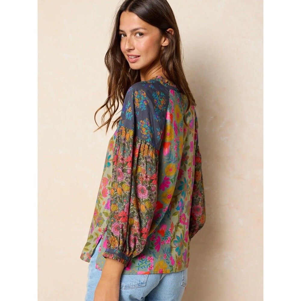 NWT Natural Life Drawn Garden Multi Floral Patchwork Tassel Tie Fallon Top M - Picture 2 of 7